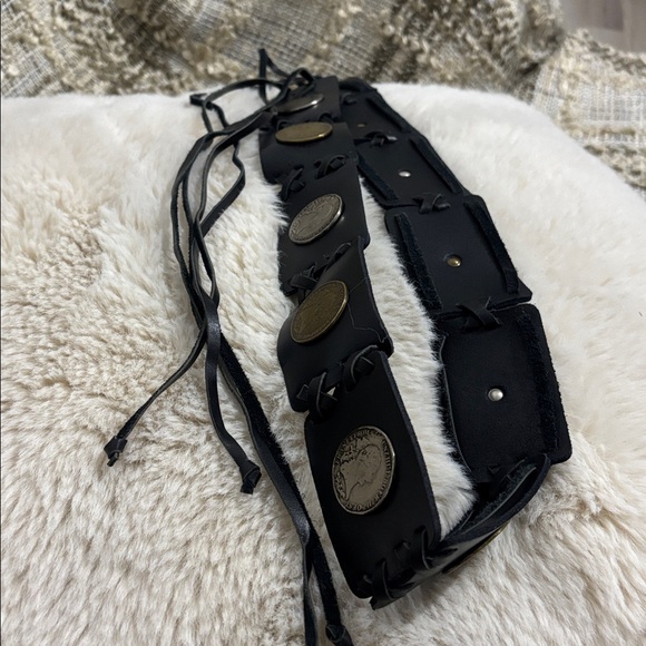 Black Leather Coin-Accent Bohemian Belt Unbranded - Picture 10 of 11